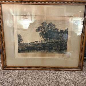Vintage Framed Landscape Print with Cattle and Bridge